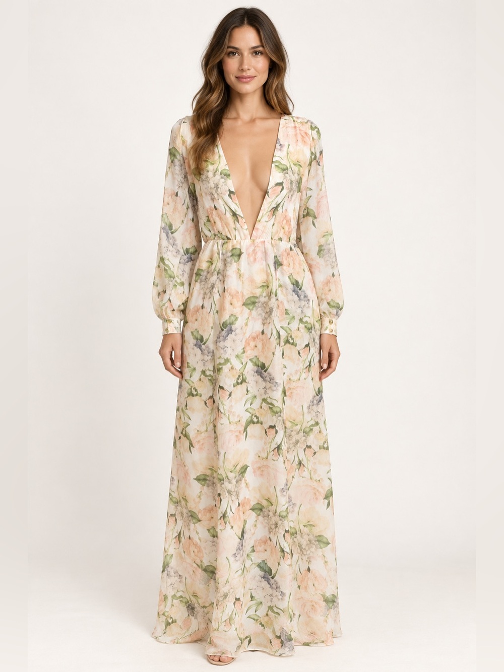 Reveuse Womens New White Peach Green Floral V Neck Long Sleeve Maxi Dress Small